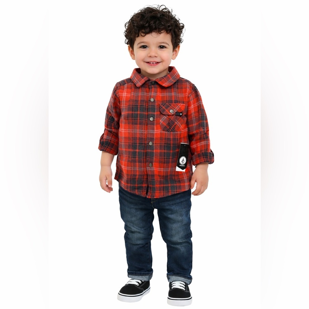 Volcom Toddler Boys Plaid Flannel Shirt & Jeans Set 24M Red Black NEW